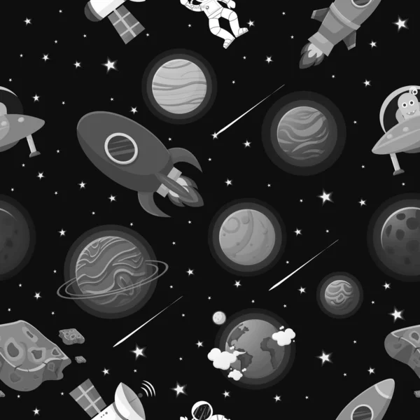 Astronauta Con Cohete Alienígena Espacio Abierto Patrón Espacial Con Planetas — Vector de stock