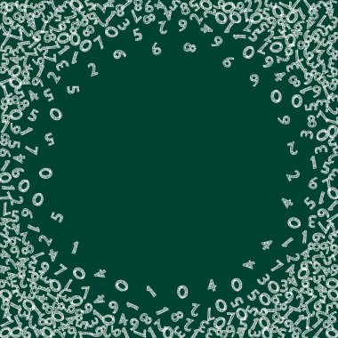 Elle çizilmiş tebeşir sayıları düşüyor. Uçan parmaklarla matematik çalışma konsepti. Tahta arka planda okul matematik afişi var. Düşen sayılar vektör illüstrasyonu.