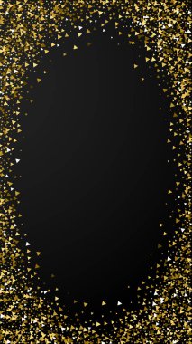 Altın üçgenler, ışıl ışıl konfeti. Siyah arkaplana dağılmış küçük altın parçacıkları. Dramatik şablon. Ezici vektör arkaplanı.