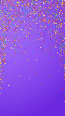 Güzel bir konfeti. Kutlama yıldızları. Menekşe arkaplanda gökkuşağı konfetisi. Büyüleyici şablon şablonu. Dikey vektör arkaplanı.