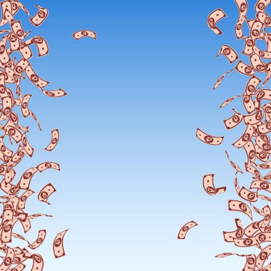 Rus rublesi düşüyor. Mavi arka planda küçük ovalama faturaları. Rusya parası. Büyüleyici vektör çizimi. Tuhaf ikramiye, servet ya da başarı konsepti.