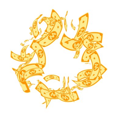 Korece notlar düşüyor. Karmaşık WON faturaları beyaz arka planda. Kore parası. Düzgün bir vektör çizimi. Güzel ikramiye, servet ya da başarı konsepti.