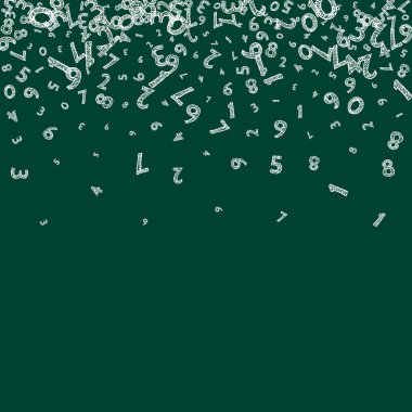 Çocuksu tebeşir sayıları düşüyor. Uçan parmaklarla matematik çalışma konsepti. Tahta zemindeki matematik afişi çok hoştu. Düşen sayılar vektör illüstrasyonu.