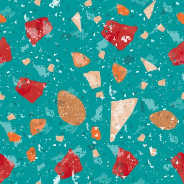 Terrazzo kusursuz desen. Renkli klasik döşeme dokusu. Doğal taşlardan, granitten, kuvarstan, mermerden ve betondan yapılmış büyüleyici bir arka plan. Bunaltıcı dikişsiz terrazzo..