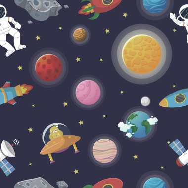 Çocuklar için kozmik kumaş. Açık havada roket ve uzaylı olan astronot. Çocuklar için şirin bir tasarım. Kumaş ve ambalaj kağıdı. Düz çizgi film tarzı komik kozmik kumaş.