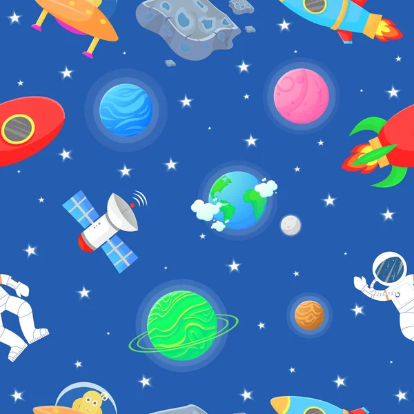 オープンスペースでロケットとエイリアンと宇宙飛行士ギャラクシーパターン漫画スタイル 子供の生地や包装紙のためのかわいいデザイン フラット漫画スタイル面白い銀河のパターン — ストックベクタ