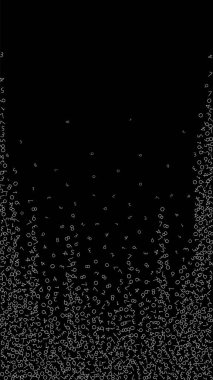 Düşen sayılar, büyük veri konsepti. Çift beyaz düzensiz uçan parmaklar. Siyah arka planda ekstra fütüristik afiş. Düşen sayılarla dijital vektör illüstrasyonu.