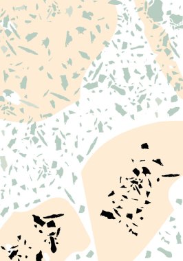 Terrazzo modern soyut şablon. Klasik İtalyan döşemesinin turuncu ve gri dokusu. Taşlardan, granitten, kuvarstan, mermerden, betondan yapılmış arka plan. Venedik terrazzo trend vektör arkaplanı