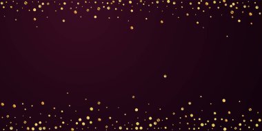 Nadir bulunan altın konfeti konfeti konfetisi. Kırmızı kestane rengi arka planda dağılmış küçük altın parçacıkları. Şaşırtıcı şablon şablonu. Takdire şayan vektör illüstrasyonu.