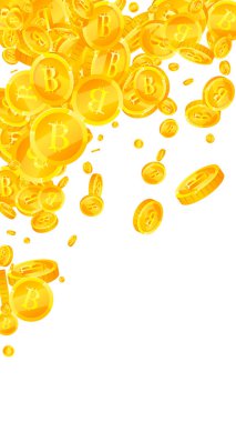 Bitcoin, internet para birimleri düşüyor. Uygun dağılmış BTC paraları. Kripto para, dijital para. Büyük ikramiye, servet ya da başarı konsepti. Vektör illüstrasyonu.