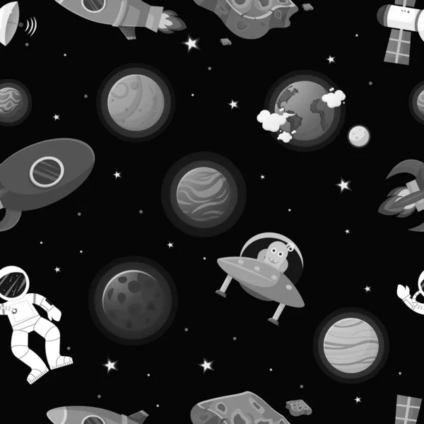 Astronaut Raketou Mimozemšťan Otevřeném Vesmíru Vzor Planetami Hvězdami Roztomilý Design — Stockový vektor