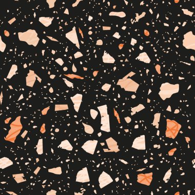 Terrazzo kusursuz desen. Koyu klasik döşeme dokusu. Doğal taşlardan, granitten, kuvarstan, mermerden ve betondan yapılmış büyüleyici bir arka plan. Alışılmadık dikişsiz terrazzo.