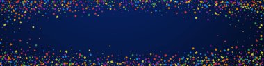 Şenlikli, göz kamaştırıcı konfeti. Kutlama yıldızları. Koyu mavi arka planda parlak gökkuşağı yıldızları. Şablon şablonu cezbediliyor. Panoramik vektör arkaplanı.