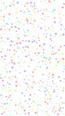 Şenlikli silinmez konfeti. Kutlama yıldızları. Beyaz arka planda rastgele seçilmiş renkli yıldızlar. İdeal şablon şablonu. Dikey vektör arkaplanı.