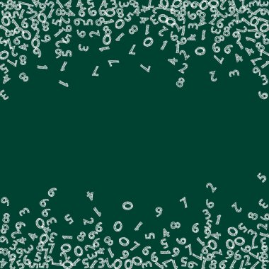 Elle çizilmiş tebeşir sayıları düşüyor. Uçan parmaklarla matematik çalışma konsepti. Karatahta arka planında kusursuz matematik afişi var. Düşen sayılar vektör illüstrasyonu.