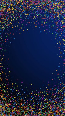 Egzotik konfeti. Kutlama yıldızları. Koyu mavi arka planda neşeli bir konfeti. Şablon şablonu getiriliyor. Dikey vektör arkaplanı.