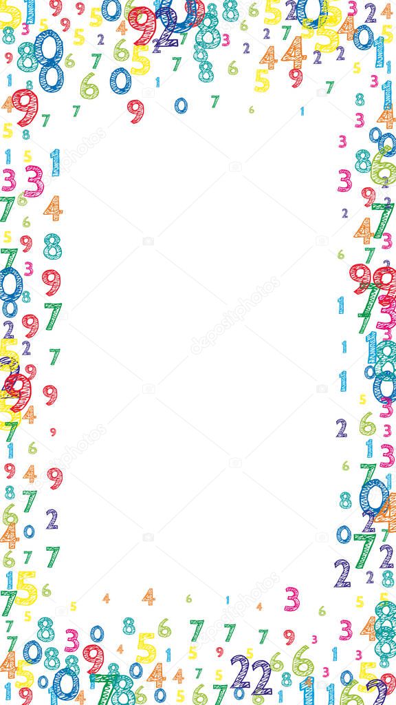 Falling colorful orderly numbers. Math study concept with flying digits. Charming back to school mathematics banner on white background. Falling numbers vector illustration.