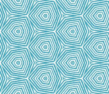 Egzotik, pürüzsüz desen. Turkuaz simetrik kaleydoskop arka planı. Yaz mayosu, egzotik, pürüzsüz tasarım. Tekstil hazır klasik baskı, mayo kumaş, duvar kağıdı, ambalaj.. 
