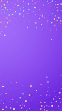 Şenlikli büyüleyici konfeti. Kutlama yıldızları. Menekşe arkaplanda rastgele seçilmiş renkli yıldızlar. Güzel görünümlü bir şablon. Dikey vektör arkaplanı.