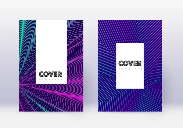 Hipster Cover Ontwerp Template Set Neon Abstracte Lijnen Donkerblauwe Achtergrond — Stockvector