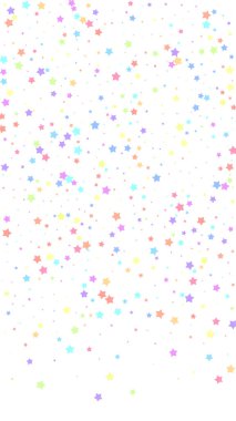 Kusursuz bir ziyafet konfetisi. Kutlama yıldızları. Beyaz arka planda rastgele seçilmiş renkli yıldızlar. Büyük şablon şablonu. Dikey vektör arkaplanı.