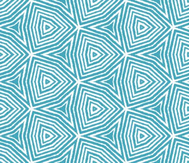 Tekrar eden mayo tasarımı. Turkuaz simetrik kaleydoskop arka planı. Tekstil hazır harika baskı, mayo kumaş, duvar kağıdı, ambalaj. Yaz şapkası süsleme deseni.