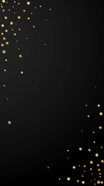 Güzel bir konfeti. Kutlama yıldızları. Siyah arka planda nadir bulunan altın konfetileri. Güzel bir şablon. Dikey vektör arkaplanı.