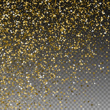 Altın üçgenler, ışıl ışıl konfeti. Şeffaf arkaplanda dağılmış küçük altın parçacıkları. Eğlenceli bir şablon şablonu. Büyüleyici vektör illüstrasyonu.