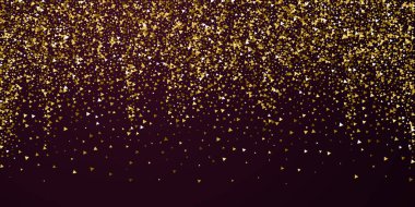 Altın üçgenler, ışıl ışıl konfeti. Kırmızı kestane rengi arka planda dağılmış küçük altın parçacıkları. Muhteşem şablon şablonu. Etkileyici vektör illüstrasyonu.