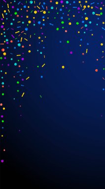 Şen şakrak bir konfeti. Kutlama yıldızları. Koyu mavi arka planda şenlikli konfeti. Büyüleyici şablon şablonu. Dikey vektör arkaplanı.