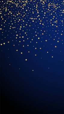 Altın yıldızlı, ışıl ışıl konfeti. Koyu mavi arka planda dağılmış küçük altın parçacıkları. Mükemmel bir şablon. Duygusal vektör arkaplanı.