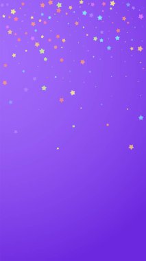 Kusursuz bir ziyafet konfetisi. Kutlama yıldızları. Menekşe arkaplanda rastgele seçilmiş renkli yıldızlar. Büyük şablon şablonu. Dikey vektör arkaplanı.