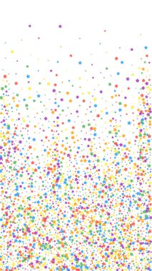 Gerçek şenlikli konfeti. Kutlama yıldızları. Beyaz arka planda parlak gökkuşağı yıldızları. Zarif bir şablon. Dikey vektör arkaplanı.