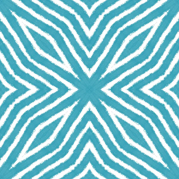 Striped hand drawn pattern. Turquoise symmetrical kaleidoscope background. Repeating striped hand drawn tile. Textile ready extra print, swimwear fabric, wallpaper, wrapping.