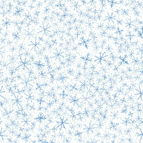 Ręcznie Rysowane Niebieskie Płatki Śniegu Christmas Seamless Wzór Subtelne Latające — Zdjęcie stockowe
