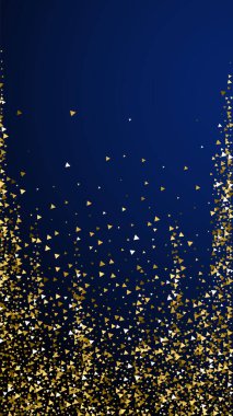 Altın üçgenler, ışıl ışıl konfeti. Koyu mavi arka planda dağılmış küçük altın parçacıkları. Duygusal şablon şablonu. Sevimli vektör arkaplanı.