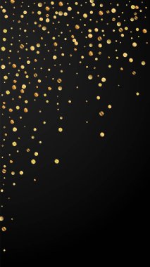 Harika bir konfeti. Kutlama yıldızları. Siyah arka planda nadir bulunan altın konfetileri. Güzel görünümlü bir şablon. Dikey vektör arkaplanı.