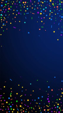 Şenlikli yaratıcı konfeti. Kutlama yıldızları. Koyu mavi arka planda şenlikli konfeti. Güzel görünümlü bir şablon. Dikey vektör arkaplanı.