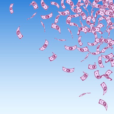 Avrupa Birliği Euro notları düşüyor. Mavi gökyüzü arka planında küçük EUR faturaları. Avrupa parası. Vektör illüstrasyonuna başvuruyorum. Çarpıcı ikramiye, servet ya da başarı konsepti.