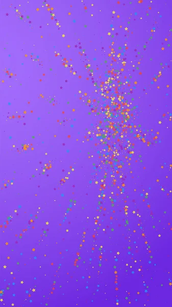 お祝いのコンフェッティ お祝いの星 紫色の背景に明るい星を料理します 完璧なお祝いのオーバーレイテンプレート 垂直ベクトル背景 — ストックベクタ