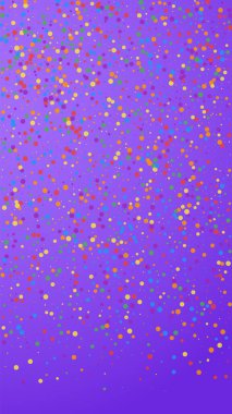 Şenlikli konfeti. Kutlama yıldızları. Menekşe arka planda renkli konfeti. Büyük şablon şablonu. Dikey vektör arkaplanı.