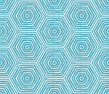 Tekrar eden mayo tasarımı. Turkuaz simetrik kaleydoskop arka planı. Yaz çöreği şekeri desenli. Tekstil hazır baş döndürücü baskı, mayo kumaş, duvar kağıdı, ambalaj..
