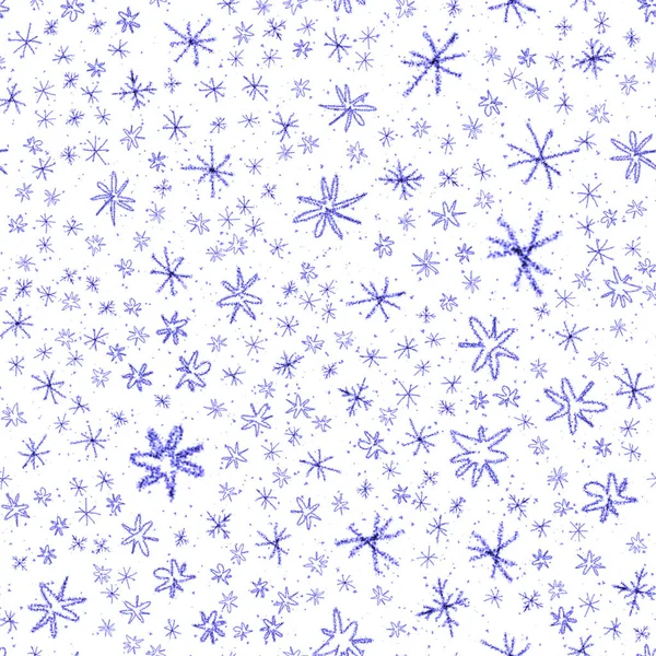 手描きの青い雪の結晶クリスマスシームレスパターン 白い背景に小さな飛行雪のフレーク 創造的なチョーク手書きの雪のオーバーレイ ホリデーシーズンの装飾を魅了 — ストック写真