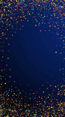 Şenlikli konfeti. Kutlama yıldızları. Koyu mavi arka planda parlak gökkuşağı yıldızları. Şablon şablonu getiriliyor. Dikey vektör arkaplanı.