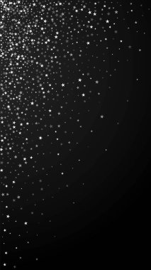 Muhteşem düşen yıldızlar Noel arkaplanı. İnce uçan kar taneleri ve siyah arka plandaki yıldızlar. Tatlı kış gümüşü kar tanesi şablonu örtüyor. Fantastik dikey çizim.