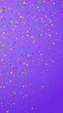 Şenlikli, şaşırtıcı konfeti. Kutlama yıldızları. Mor arka planda parlak konfeti. Büyük şablon şablonu. Dikey vektör arkaplanı.