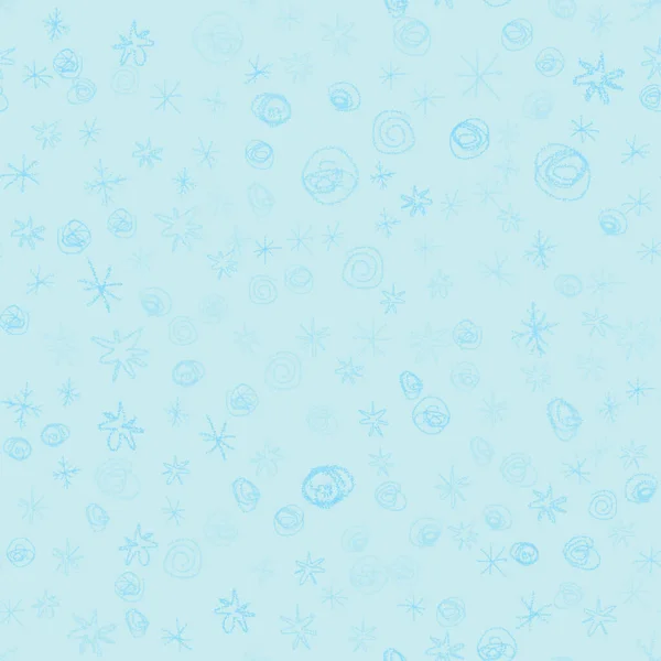 手描きの青い雪の結晶クリスマスシームレスパターン ターコイズ色の背景に小さな空飛ぶ雪のフレーク 冷たいチョーク手書きの雪のオーバーレイ 創造的な休日の季節の装飾 — ストック写真