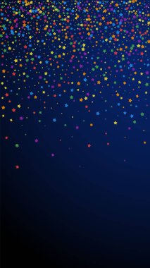 Şenlikli, sade konfeti. Kutlama yıldızları. Koyu mavi arka planda parlak gökkuşağı yıldızları. Büyük şablon şablonu. Dikey vektör arkaplanı.