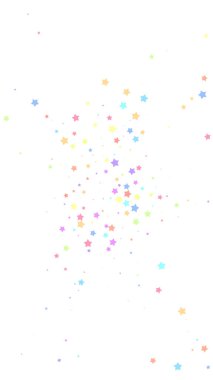 Şenlikli, harika konfeti. Kutlama yıldızları. Beyaz arka planda rastgele seçilmiş renkli yıldızlar. Taze şablon. Dikey vektör arkaplanı.