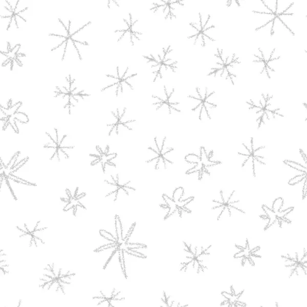 手描きグレーの雪片クリスマスシームレスパターン 白い背景に小さな飛行雪のフレーク まともなチョーク手書きの雪のオーバーレイ 興味深いホリデーシーズンの装飾 — ストック写真